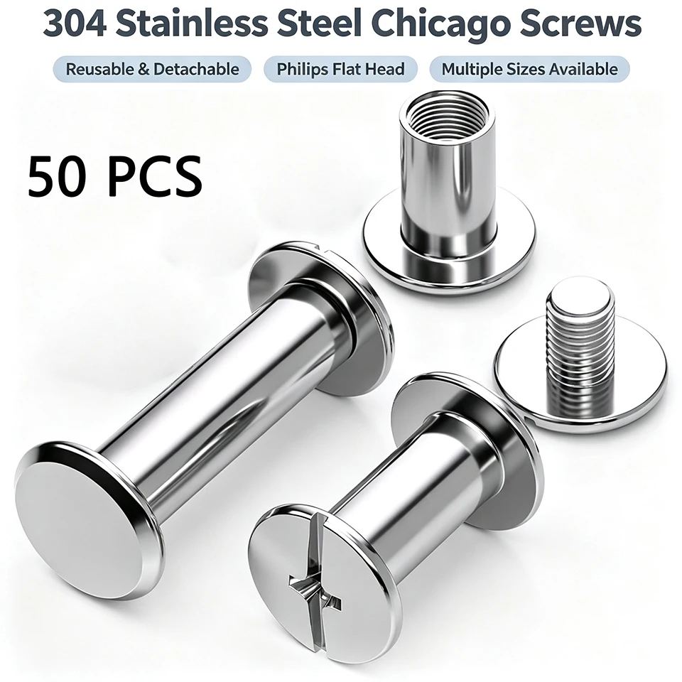 50Pcs 304 Stainless Steel Chicago Screws M5 Binding Post Screws Round Flat Head Sex Bolts Rivets for DIY Leather Craft Belt Book