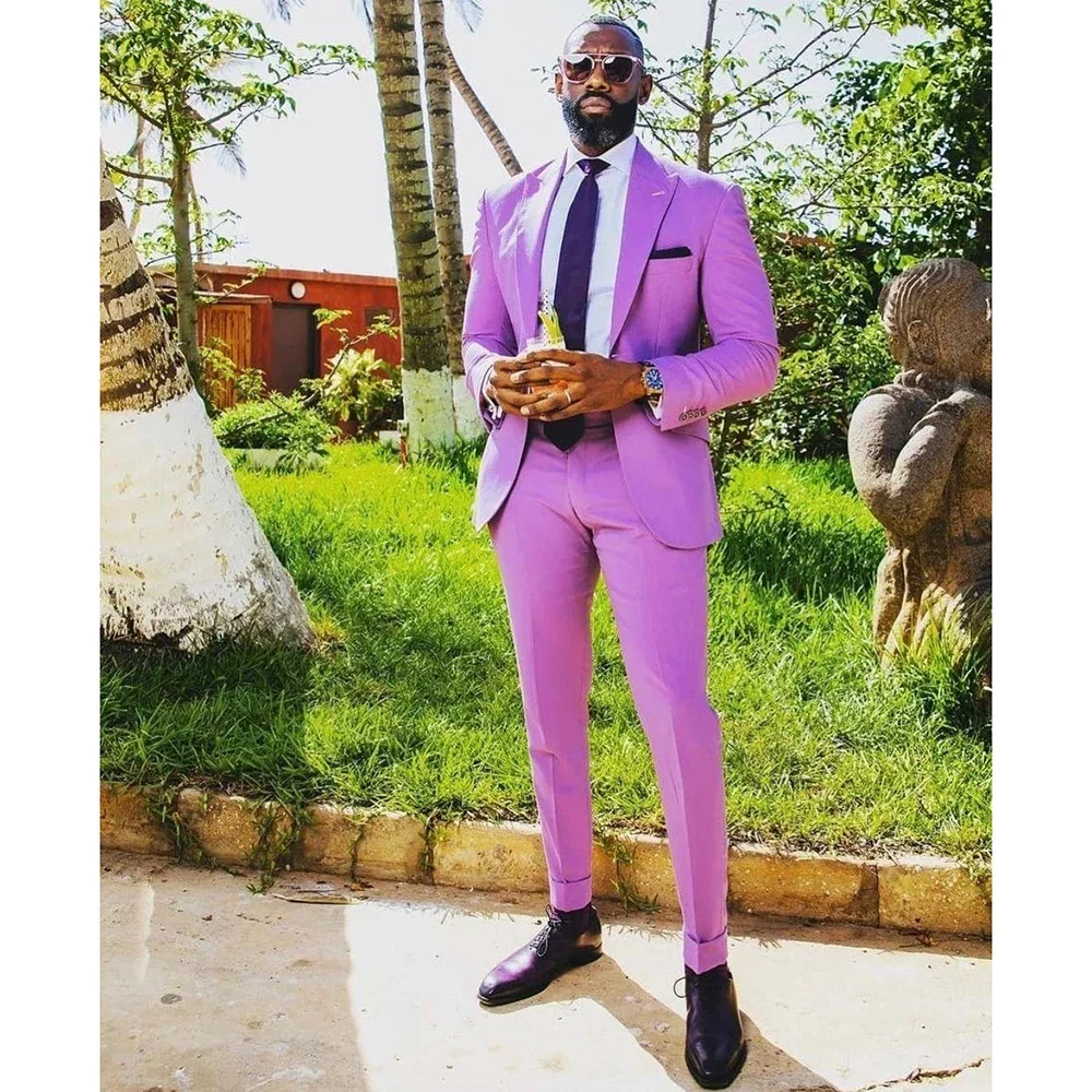 2 piece Causal African Summer Purple Peak Lapel Men Suits Wedding Slim Fit Groom Tuxedo Terno Masculino Prom Blazer  Jacket Pant