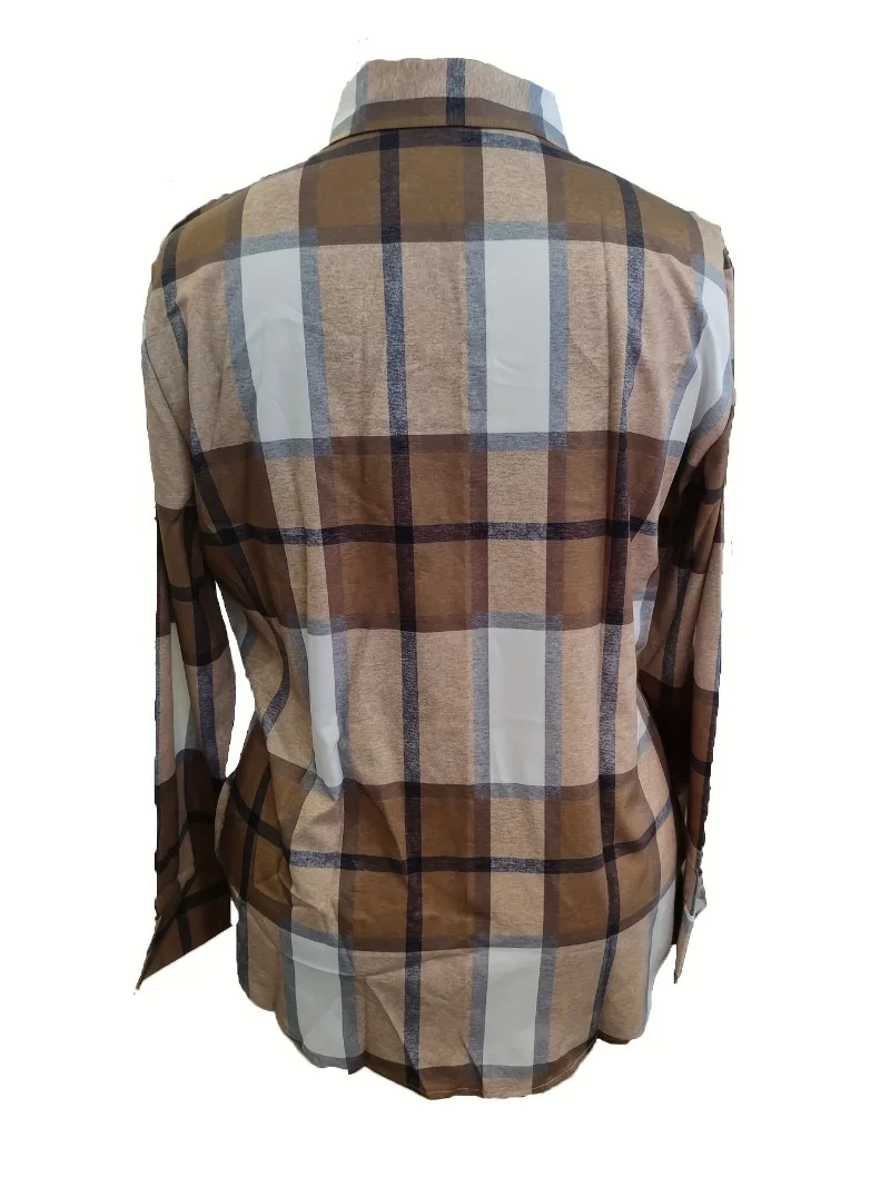 Women\'s Plus Size Lapel Collar Long Sleeved Shirt Ladies Plaid Print Casual Loose Blouse Shirt