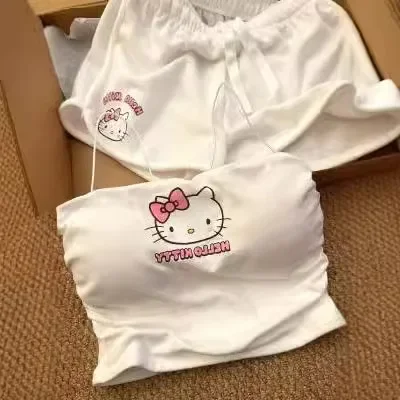 Sanrio Hello Kitty Slim Sexy Pajamas Female Summer Cute Cartoon Suspenders Shorts Home Wear Set with Chest Pad Kawaii Gift