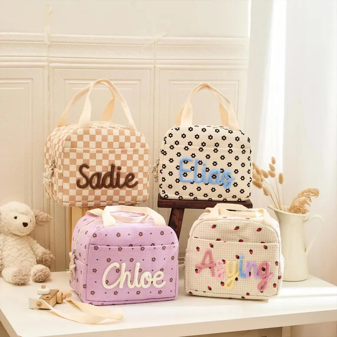 Personalized Corduroy Lunch Bag, Custom Embroidered Name Insulated Lunch Box, Kids School Lunch Tote, Work Cooler Bag