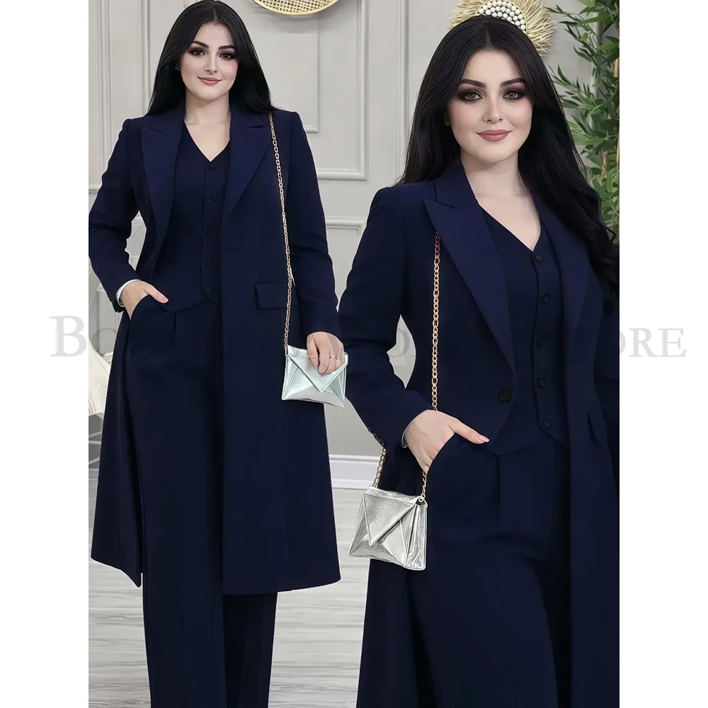 

Элегантный однотонный женский костюм-тройка в дубайском стиле: формальный пиджак на одной пуговице с острыми лацканами, брюки и жилет на заказ