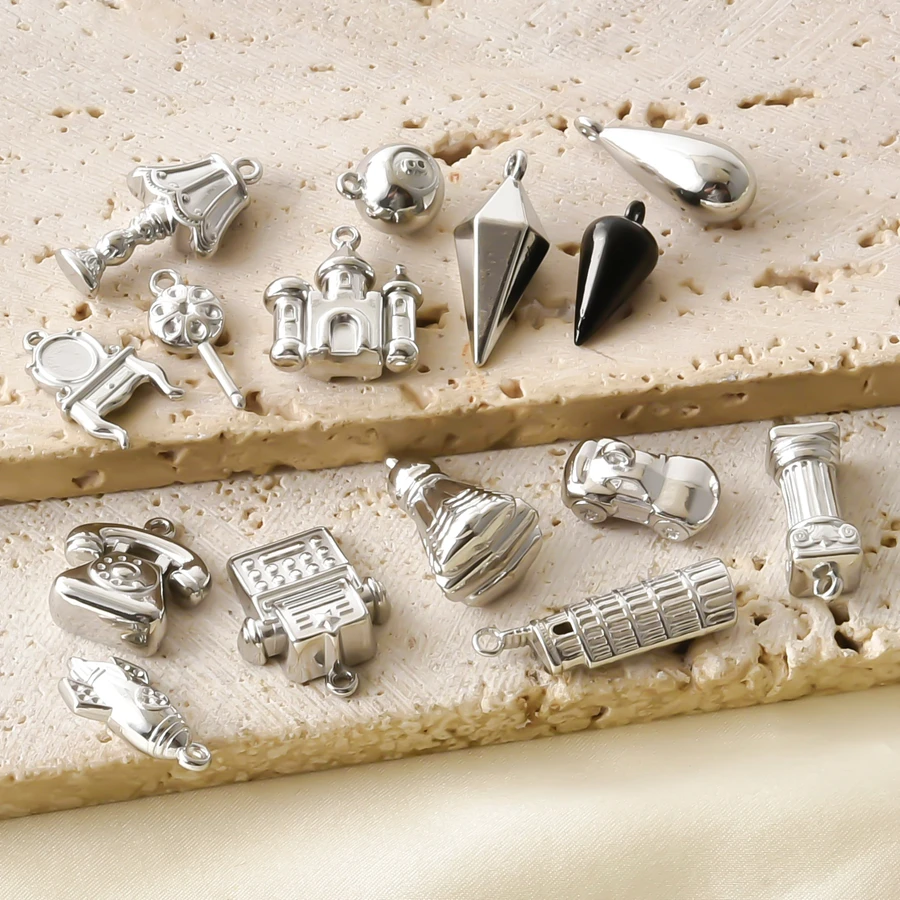12Pcs Stainless Steel Metal Charms Retro Telephone Car Castle Rocket Lamp Pendant Leaning Tower Roman Column Charm Pendants Bulk