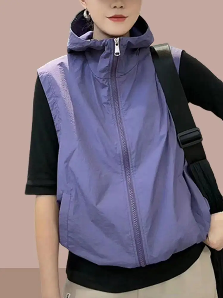 

Summer 2025 Women's Purple Outdoor Casual Sports Vest Jaet Small Size Sunscreen Zipper Hooded Regular Length Pure Color