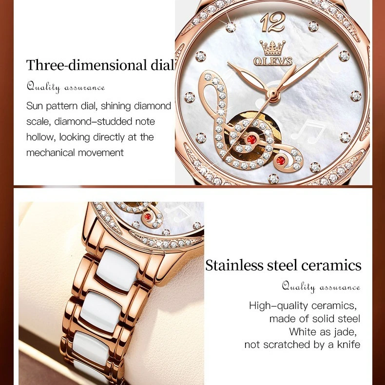 OLEVS 6656 Fashion Mechanical Watch Gift Round-dial Genuine Leather Watchband Wristwatch Luminous