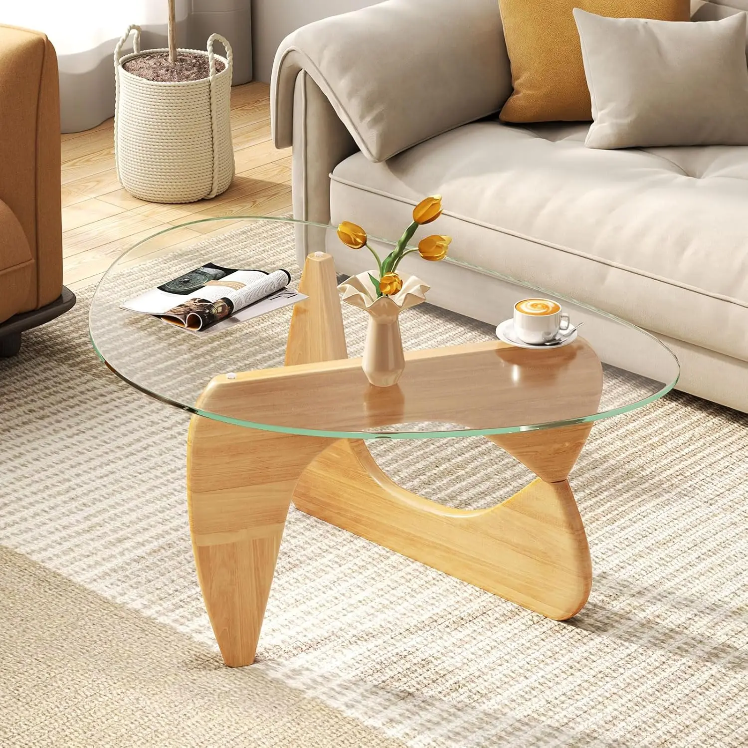 

Triangle Glass Coffee Table, Solid Wood Tea Table With Tempered Glass Top & Adjustable Base, Small Accent Table For Small Spaces