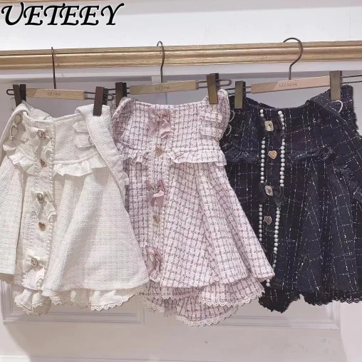 

Japanese Mine Mass-Produced Tweed Skirts Women High Quality Heavy Industry Beads Bow Sweet Cute Lolita Suspender Skirt Culottes