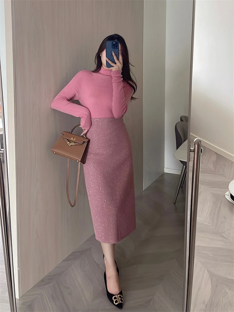 

Gold Tead Tweed A-Line Skirt High Waist Long Straight Tube Skirt Commute Sle Pure Color Other Material Ladies Skirt