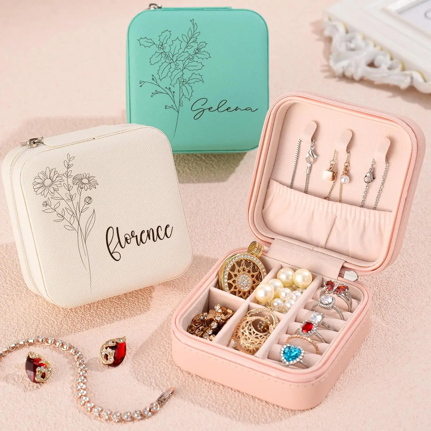 Customized Travel Jewelry Box w/Month Flower & Name | Personalized Jewelry Organizer Ring Case | Custom Bridesmaid Gifts