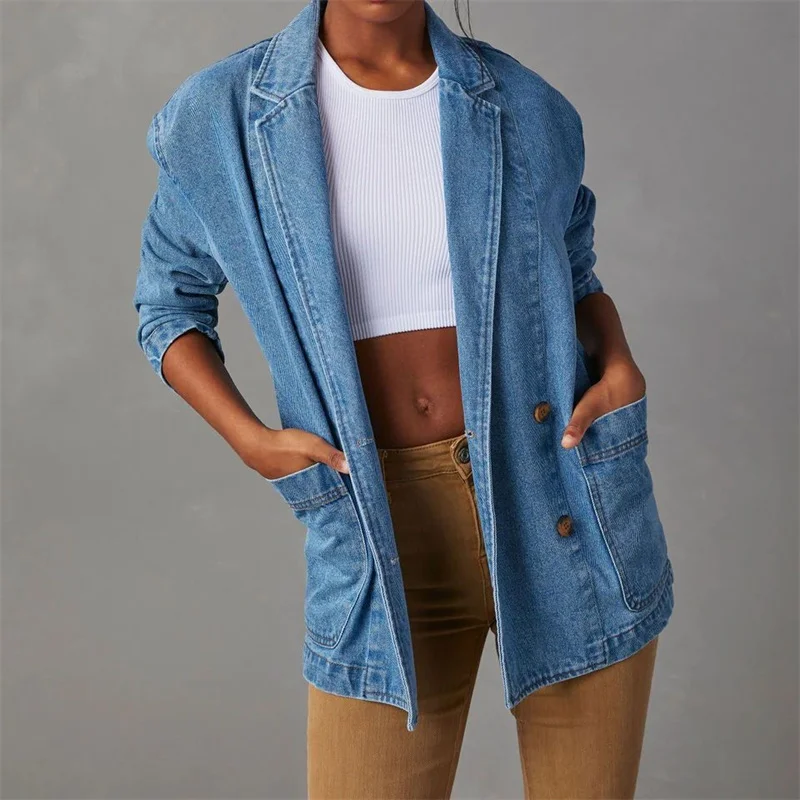 Jaqueta jeans feminina, blazers de jeans, casaco azul retrô, blazers femininos trespassado, lavados soltos, primavera, outono, roupa de rua