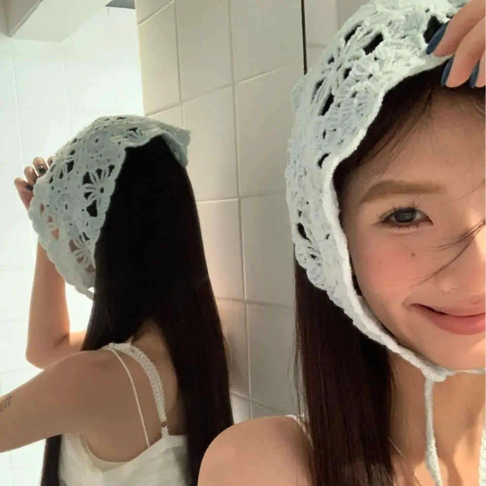 

Handmade Crochet Headband Towel Retro Knitted Triangle Headband Spring Summer French Sweet Hollow Hair Band Ins Travel Headscarf