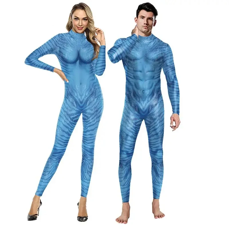 

Halloween Movie Cosplay Costume Couple Blue Wave Pattern Bodysuit Jumpsuits Party Costume Women Men Superhero Party Outfits