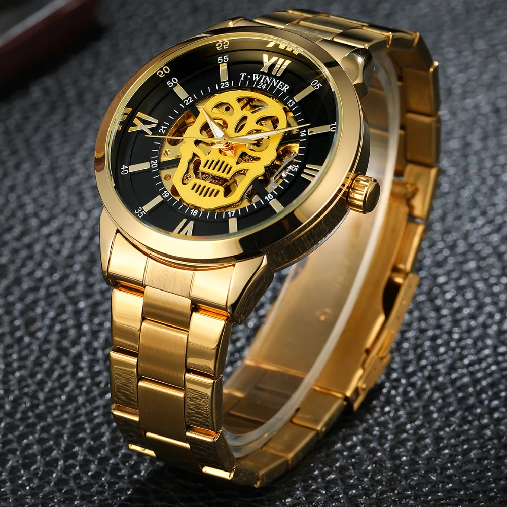 Punk Skull Watch Men Luxury Brand Automatic Self Wind Mechanical Wrist Watches Golden Stainless Steel Strap Casual Sports Clock