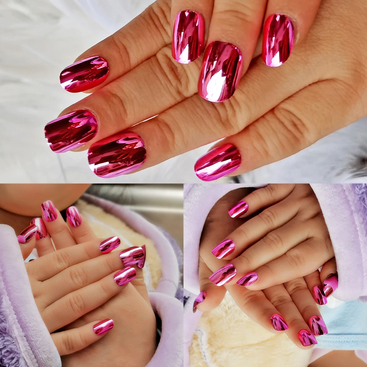 Curta cobertura completa unhas postiças para menina, espelho, cromado, pressione, gradiente, dicas de arte do prego, pré-cola, brinquedos para