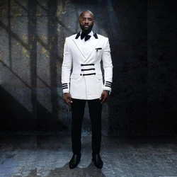 African Men Suits Black White Double Breasted Peaked Lapel Regular Length Flat Smart Casual 2 Piece Jacket Pants Casual Blazer