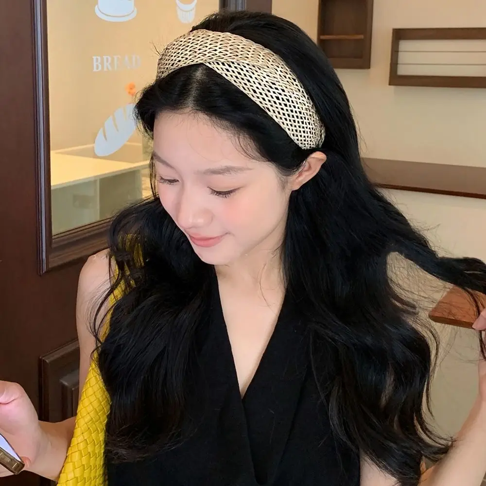 

Hollow Straw Weave Headband Hair Band Vacation Style Wide Edge Hairband Headwear Korean Style Bohemian Style Hair Hoop Kids