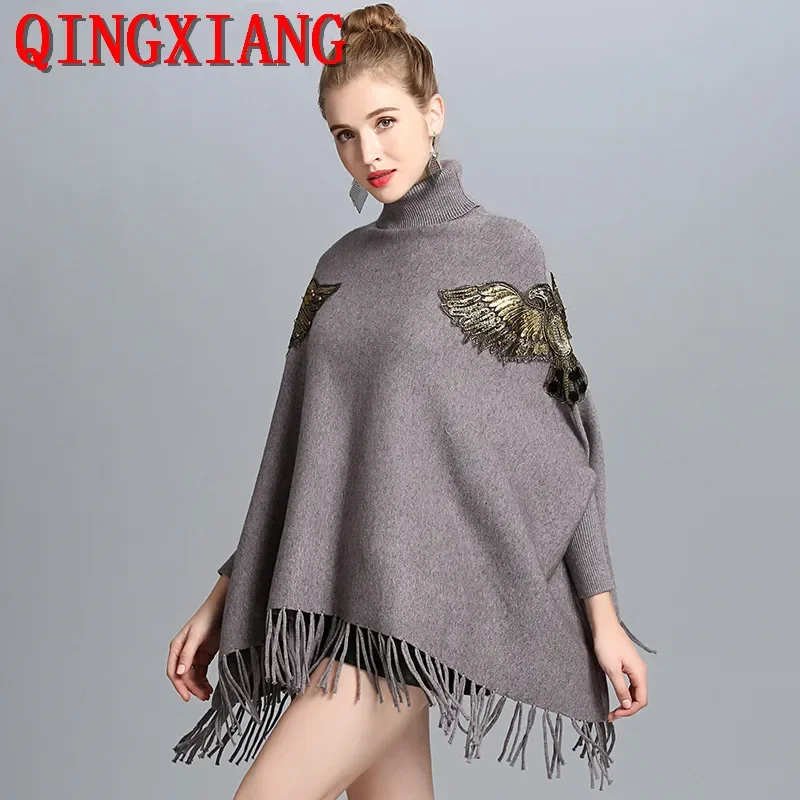 4 Colors Winter Knitted Women Eagle Appliqued Knitted Loose Sweater Long Batwing Sleeves High Neck Tassel Poncho Streetwear