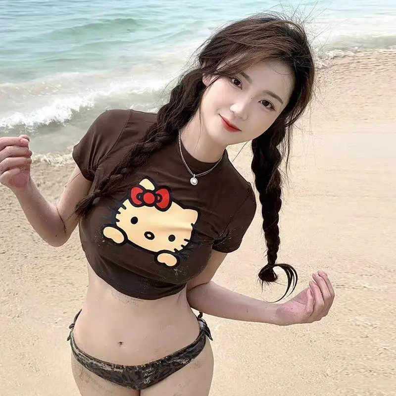 

New Hello Kittys Sexy Bikini Y2K Women Leopard Print Cartoon Fashion Split Swimsuit Summer Spa Vacation Underwear Set Girl Gift