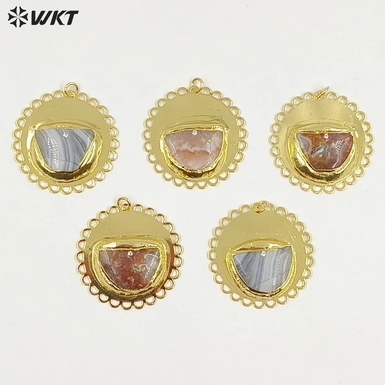 WT-P2082 Newest Design Gold Electroplated Metal And Natural Mexico Agate Stone Pendants For Handmade Necklace DIY Findings