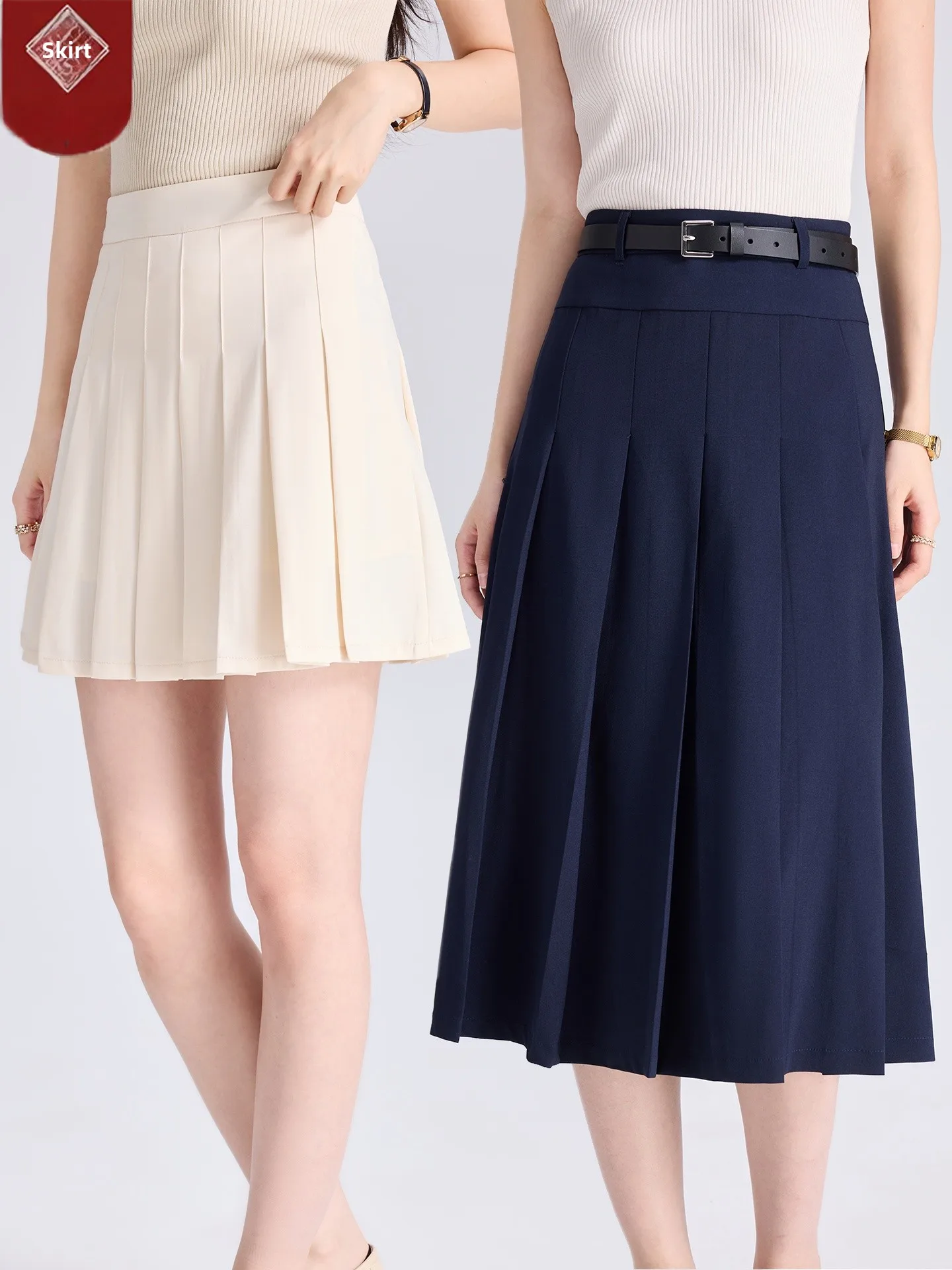 High Waist A-Line  Skirt Suit College Style Pleated Women's Fashion Slimming Drapey Long Short Skirt Polyester Fiber