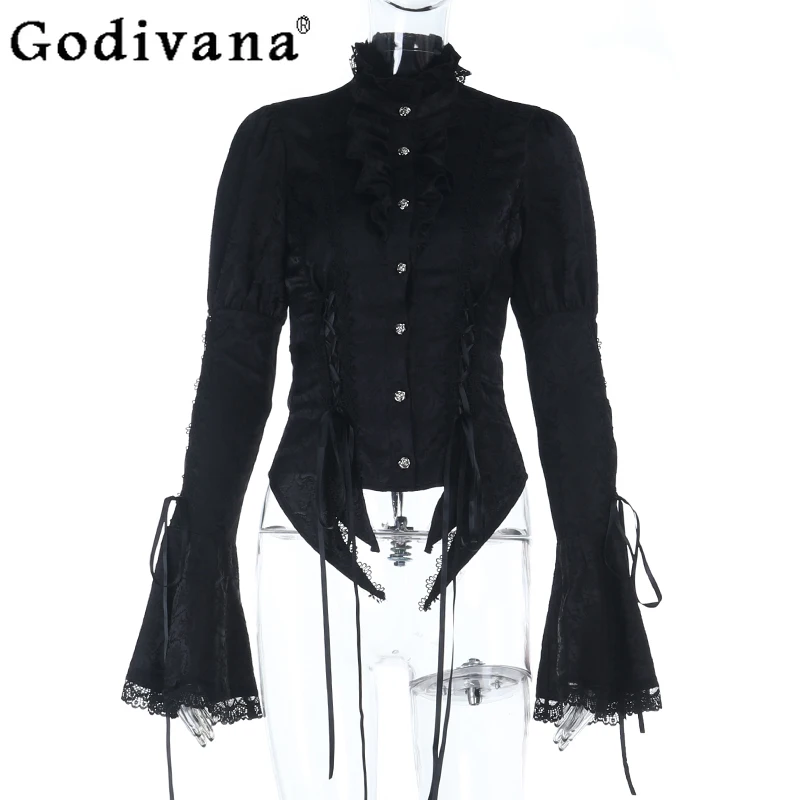 القوطية الظلام نمط أسود هالوين ملابس الإناث قميص أسود طويل الأكمام تأثيري حورية البحر تنورة الدعاوى النساء تأثيري ازياء مجموعة