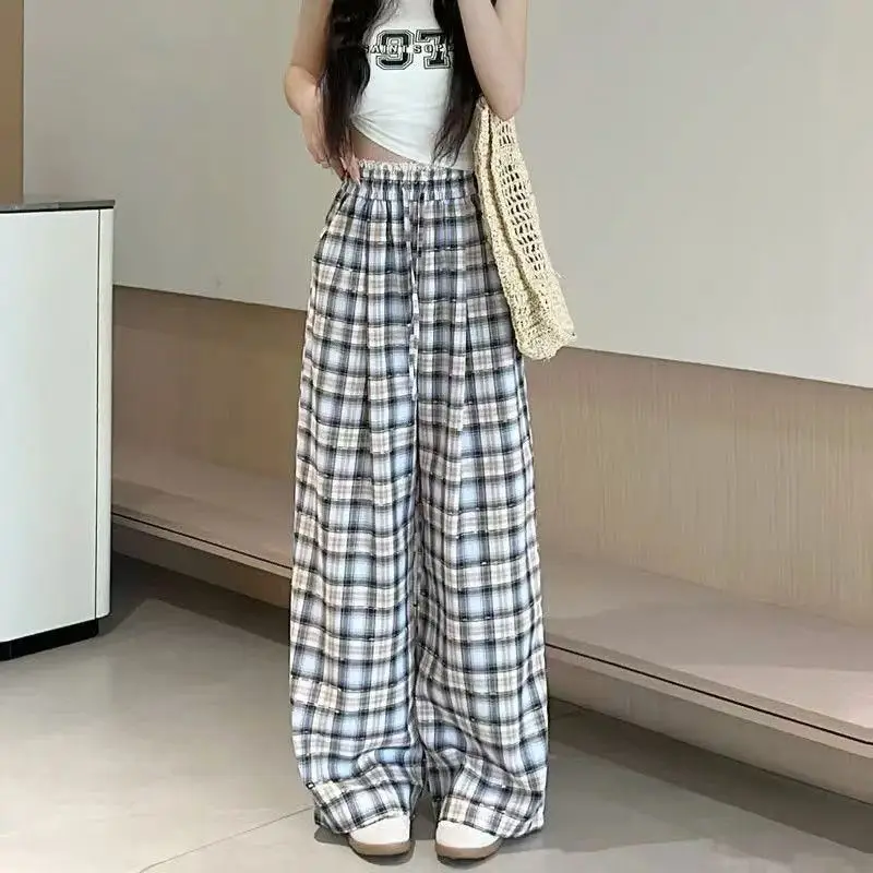 レディース チェック柄 パンツ 高品質 クロップド丈 ミディアム Gトレンド 2025 クラシック XXL 90年代風 ウェア エステティック ワイドレッグパンツ