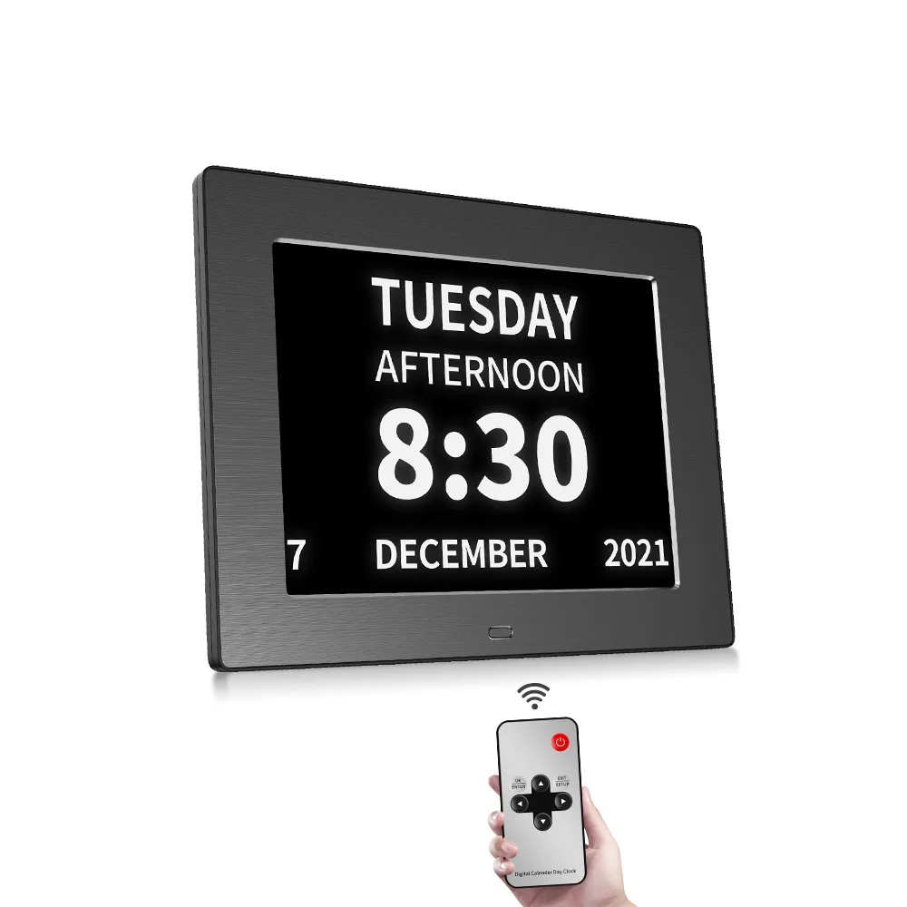 8inch smart calendar Metal Frame Cover Digital Demantia Clock 12 Alarms With Multi-OSD Language For Elder Person