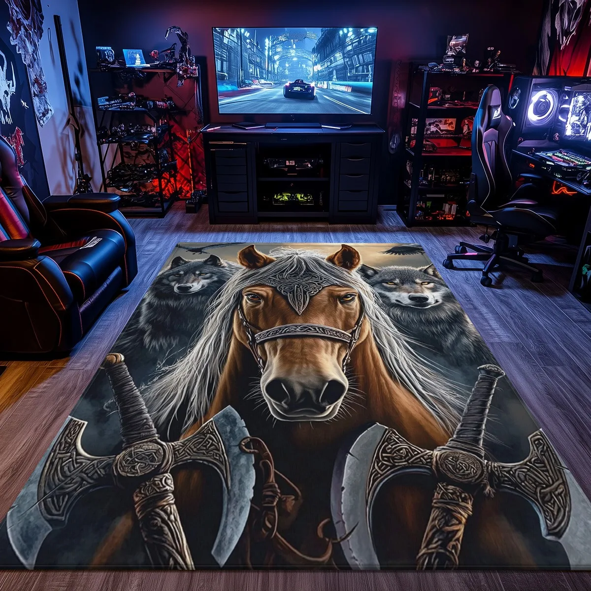 

Фэнтезийные лошади и волки Viking Axe Crystal Velvet Rug Nordic Warrior Theme Gaming Room Decor Большой размер напольный коврик для мужской пещеры
