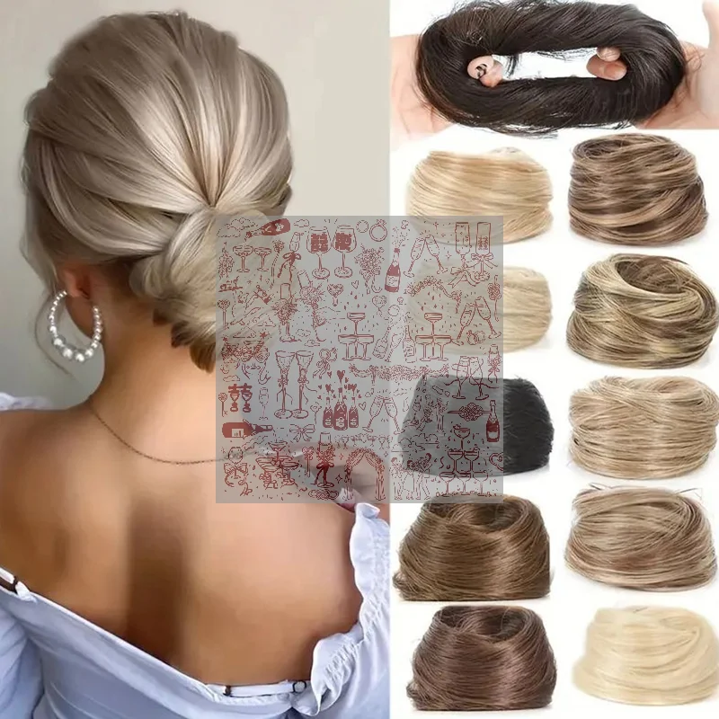 Synthetic Fake Hair Bun Rubber Band Multicolour Clip In On Hair Tail Extension Updo Natural High Ponytail For Women