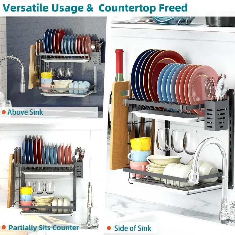 Hanging Wall Mounted Dish Drying Rack with Adjustable Layer*2, Hook*4, Drain Tray*2, Apartment & RV Wall Mounted Dish Rack