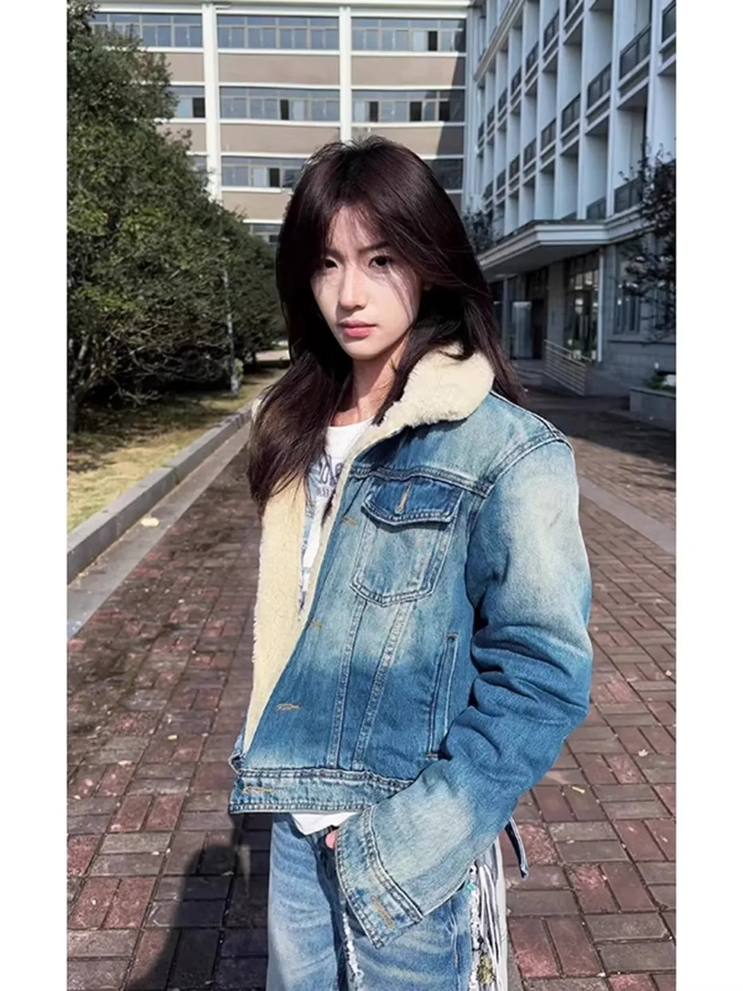 

Джинсовая куртка из меха ягненка Dert American Vintage, мужская зимняя теплая хлопковая куртка с лоскутным воротником, молодежная модная повседневная одежда