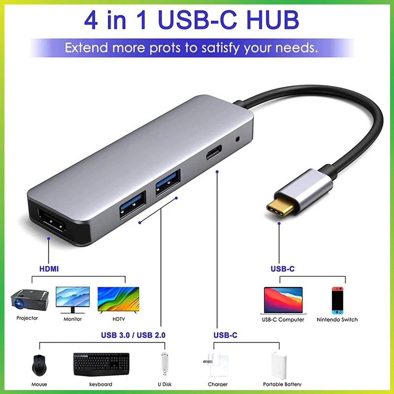 【Fast Delivery】4 in 1 Multiport USB C HUB Type C to HDMI PD USB 3.0 adapte 4K HDMI Docking Station Data Adapter for Computers