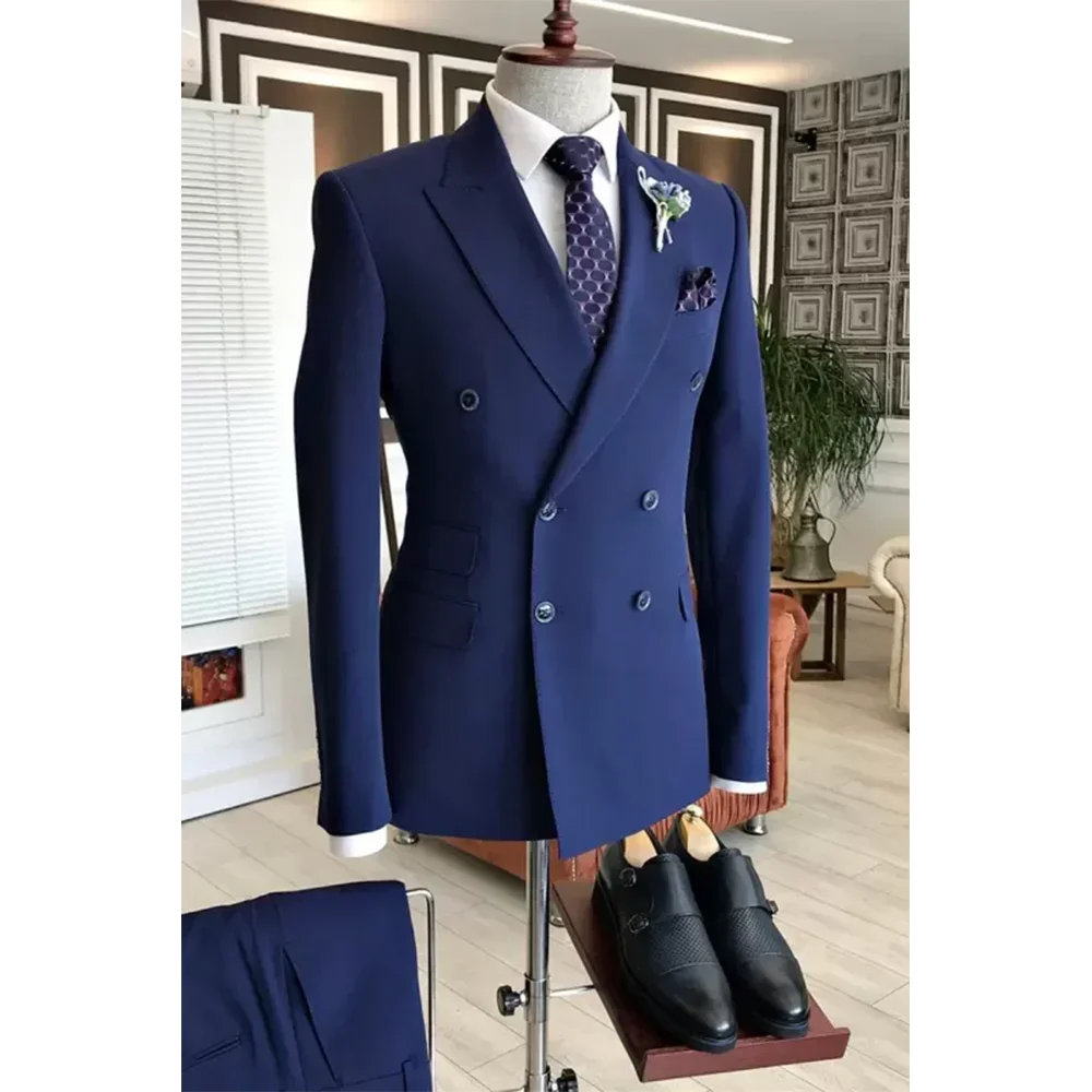 

Navy Blue Costume Homme Peaked Lapel Double Breasted Formal Business Men Suits 2 Piecs Jacket Pants For Wedding Tailor Suit