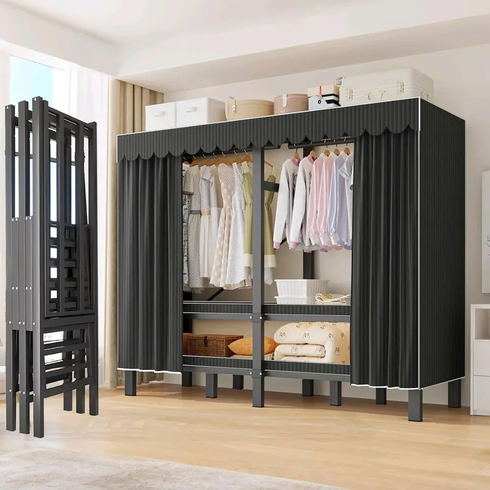 Portable Wardrobe Closet Hanging Clothes Rack Heavy Duty Cover Large Covered Reusable Closets Bedroom Storage Garment Racks (bla