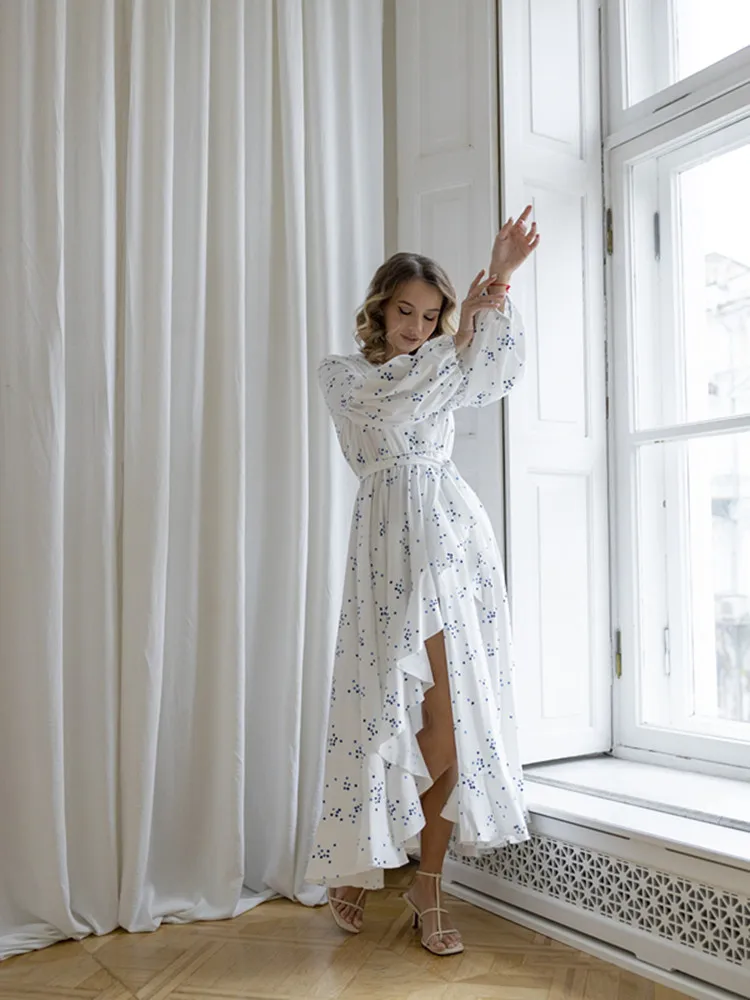 

SKMY Lantern Sleeve Fresh Polka Dot Dress V-Neck Lace-Up Ruffled Hem Large Swing Long Dresses Party Clubwear Women Clothing 2025