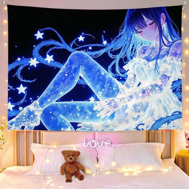 VIKAMA Purple Neon Anime Girl Lace Street Wall Hanging Tapestry Home Room Decor Bedroom Dorm Aesthetic Blacklight Cool Soft Cozy