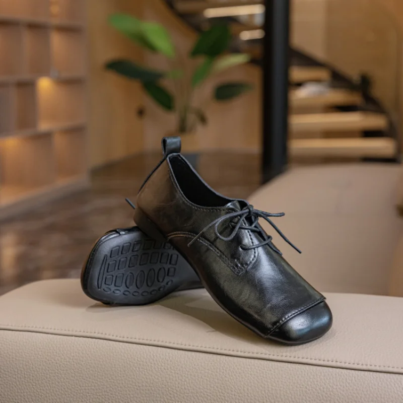 

Retro British-style flat square-toed deep-cut women's shoes2026New Spring and Summer Soft Leather Soft Sole Lace-Up Versatile Sm
