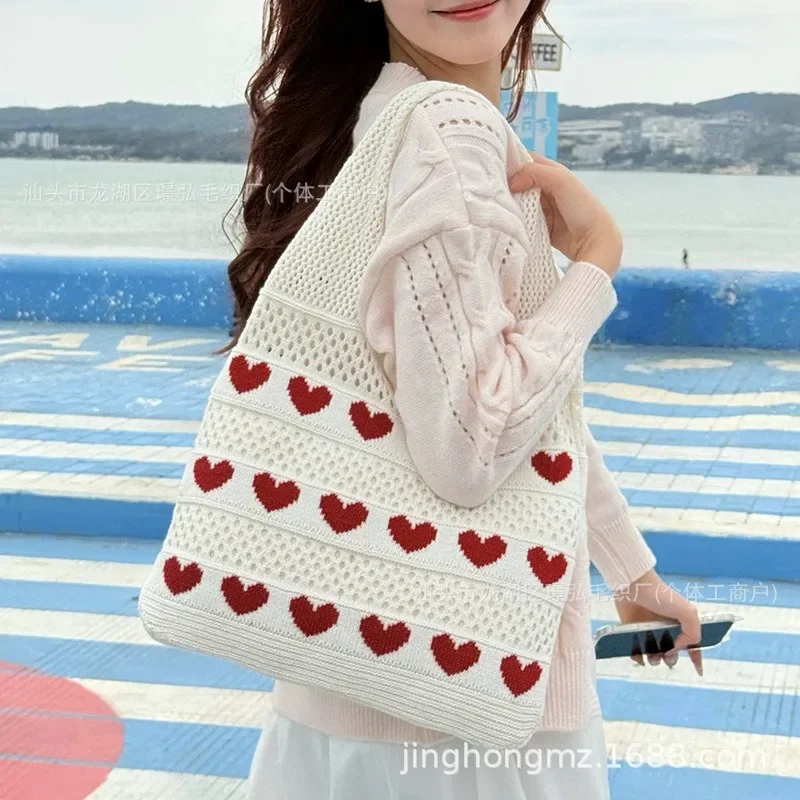 

Knitted Bag, Single-shoulder Bag, Women's Handbag, Large-capacity Tote Bag, Heart-shaped Woven Bag, Trendy Handbag