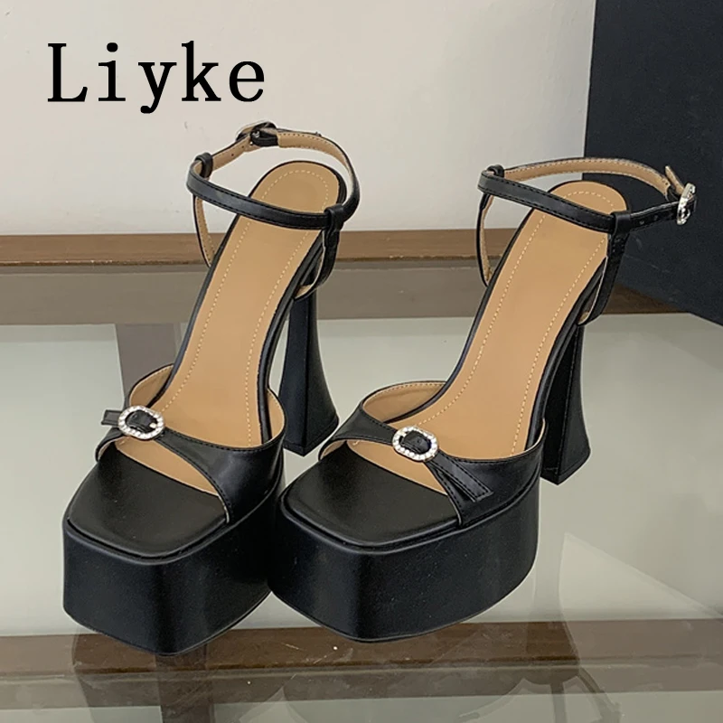 Liyke New Fashion Crystal Buckle Ankle Strap Platform Sandals Women Square Head White High Heels Wedding Banquet Shoes Size 40 image 3