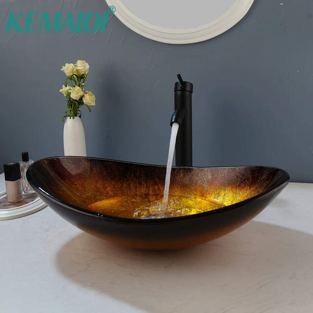 

KEMAIDI Bathroom Glass Vessel Sinks Oval Above Counter Vessel Sinks Tempered Glass Basin Bowl Matte Black Mixer Faucet Combo