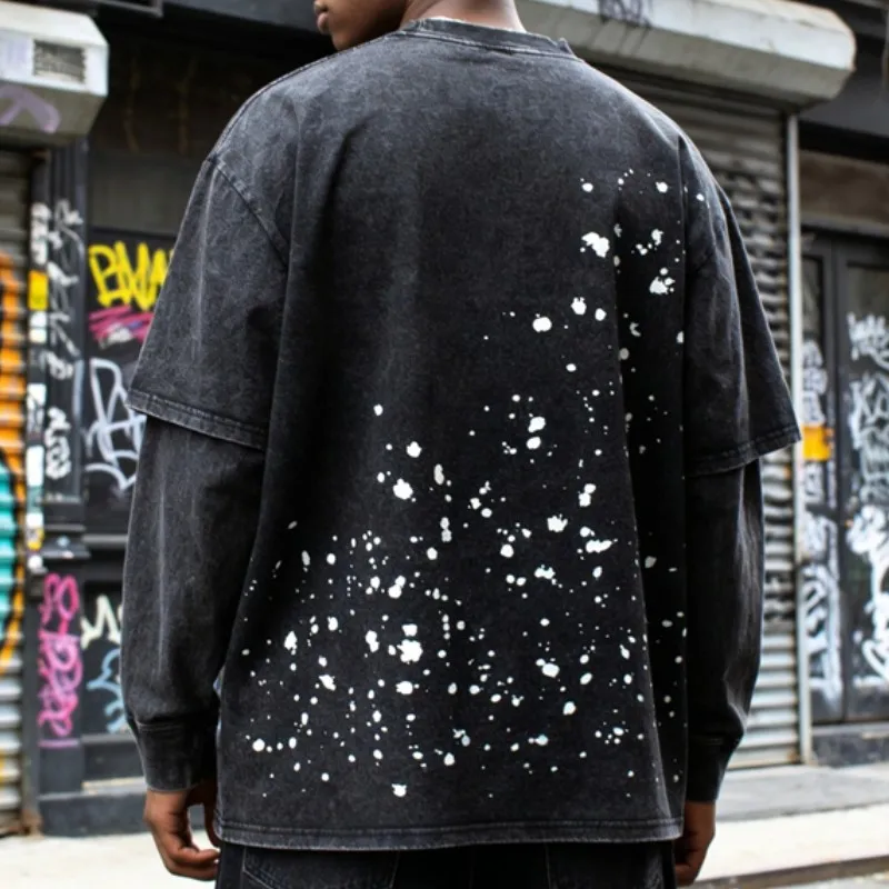 Handmade Ink Splashing Fading Letter Vintage Black SATOSHI Tshirts Hiphop Street Fake Two Piece Long Sleeve Men Women Shorts view 4