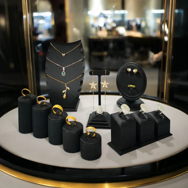 Black Leather Jewelry Display Stand Necklace Earring Ring Holder for Jewelry Store Window Counter Display Accessory Showcase