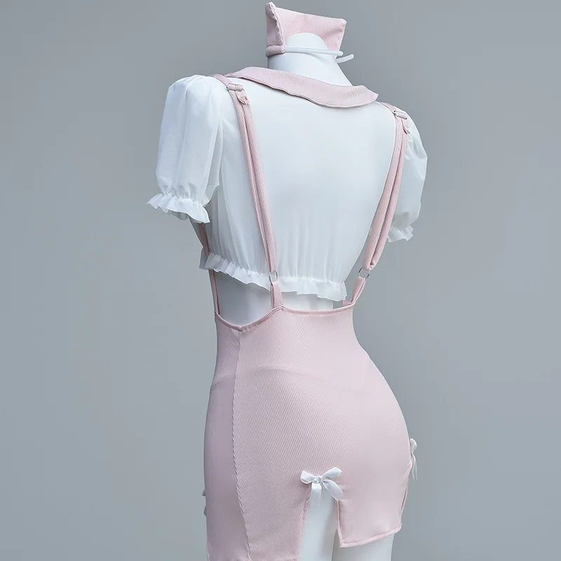 Conjunto de lencería de disfraz de enfermera sexy: pijama lindo puro y caliente con falda de tubo, uniforme push-up de busto pequeño para juego de rol