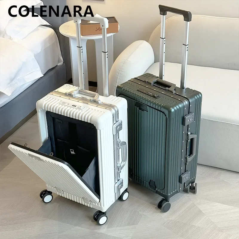 COLENARA Suitcase 18 Inch Front Opening Aluminum Frame Boarding Box Men 24 Laptop Trolley Case USB Charging Carry-on Luggage