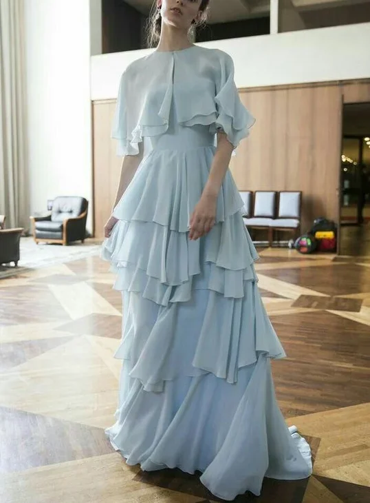 

Customized Light Blue A Line Prom Dresses Ruffles Tiered Women Formal Evening Gowns Muslim Arabic Party Special Occasion Gown