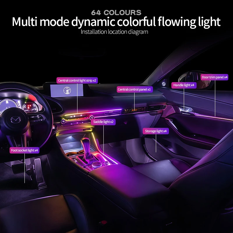 مازدا 3Axela 2020-2022 السيارات LED جو مصباح 64 لون LED قطاع جديد 12 فولت البيئة ضوء مجموعة زر التحكم المقابض الزخرفية