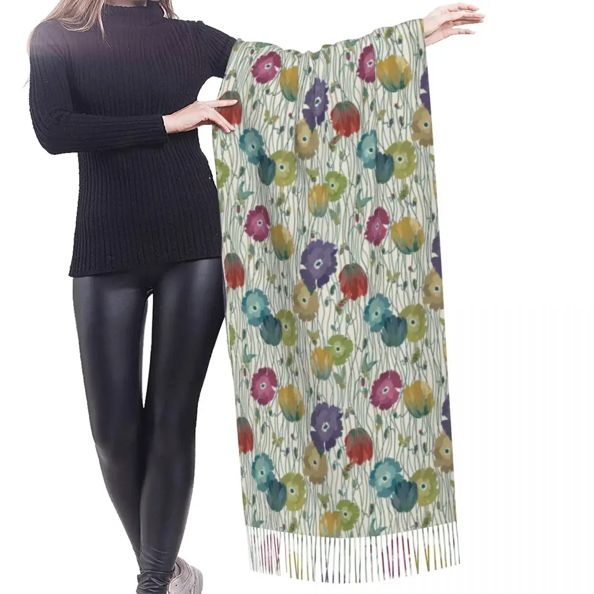 Custom Female Long Flower Multicolor Pattern Art Scarves Women Winter Soft Warm Tassel Shawl Wrap Scarf