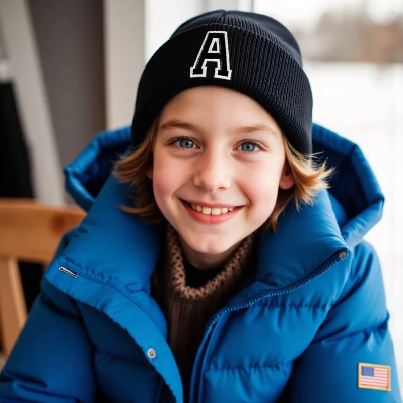 1 x einfarbige Kinder-Strickmütze mit 26 Buchstaben-Muster, warme Mützen für Jungen und Mädchen für den Außenbereich, tägliche Ausflüge, Radfahren, Skifahren