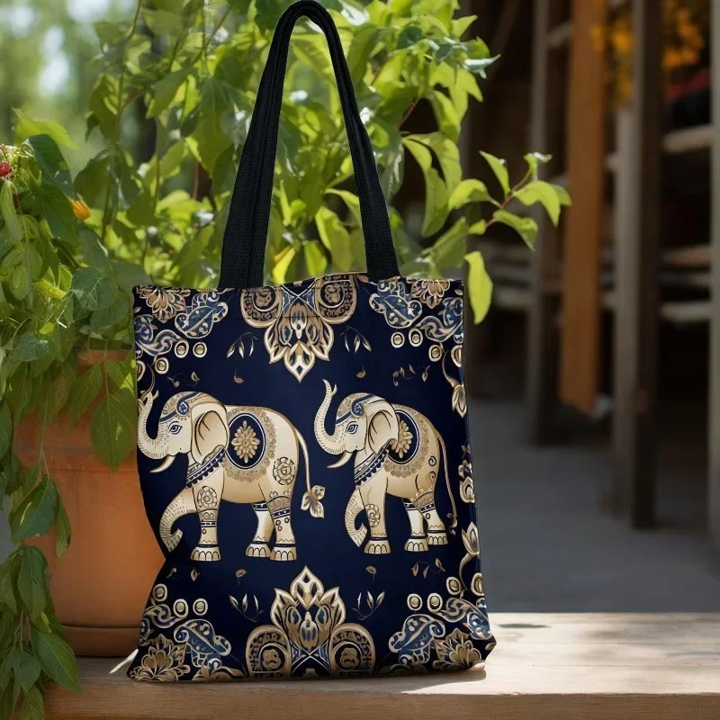 Einkaufstaschen aus Canvas mit großem Fassungsvermögen, wiederverwendbar, mit Elefantenmuster, im Bohème-Stil, Damen-Schulterhandtasche.