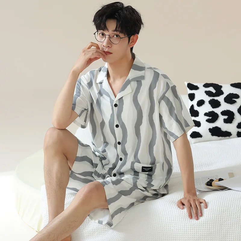 

Men's Summer Modal Pajamas Set Short Sleeve Cardigan Shorts Casual Home Suit Loose Plus Size Sleepwear Comfortable Loungewear